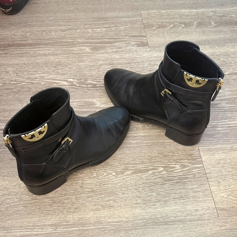 Tory Burch Black Leather Logo Ankle Boots